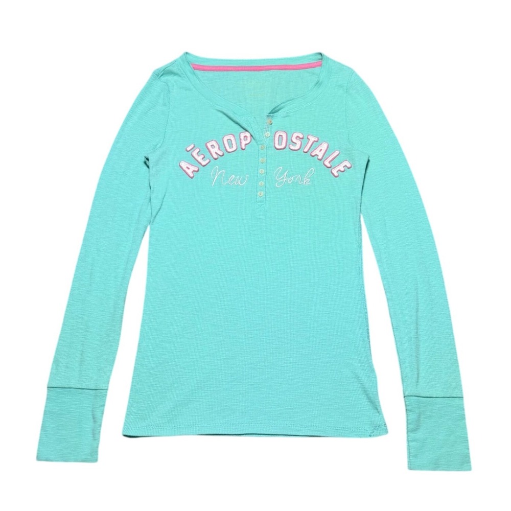 Aeropostale Henley Shirt Long Sleeve Waffle Knit Spell Out Aqua Women M Y2K